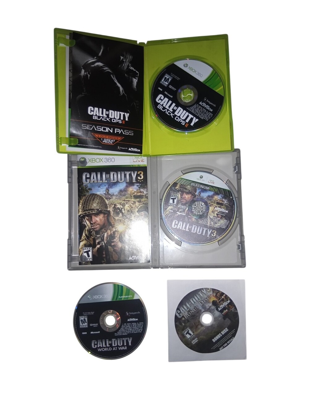Xbox 360 Call Of Duty 3 2006 , World At War 2008 Black Ops 2 2012 Games Bundle